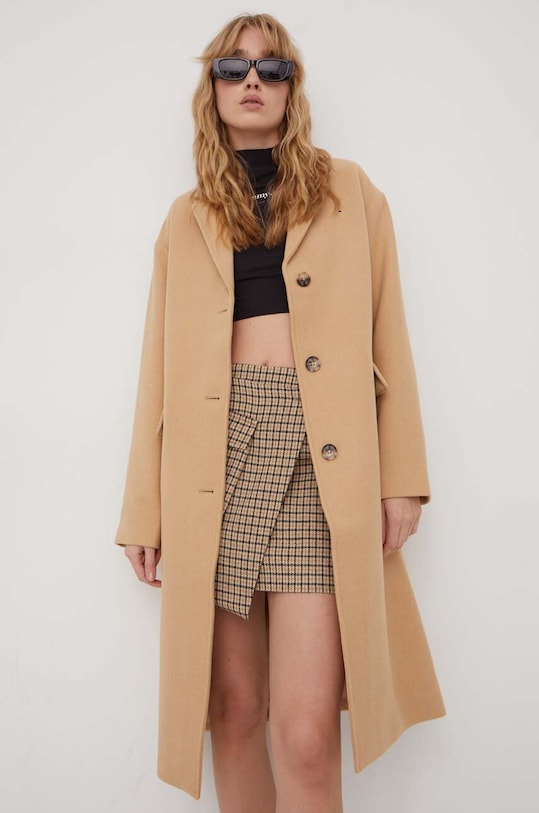 Kabát s prímesou vlny Tommy Jeans bez kapucne béžová DW0DW17232