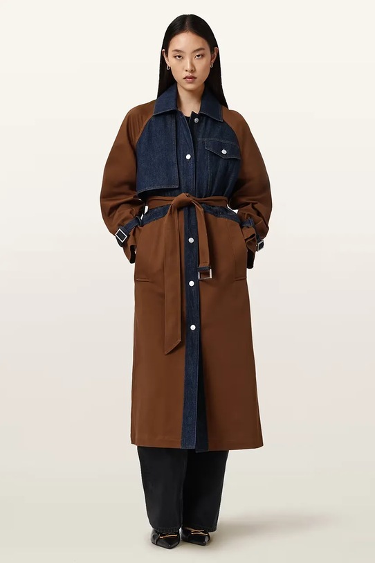 AllSaints trencz damski z bawełną DAYLY TRENCH brązowy WO508Z