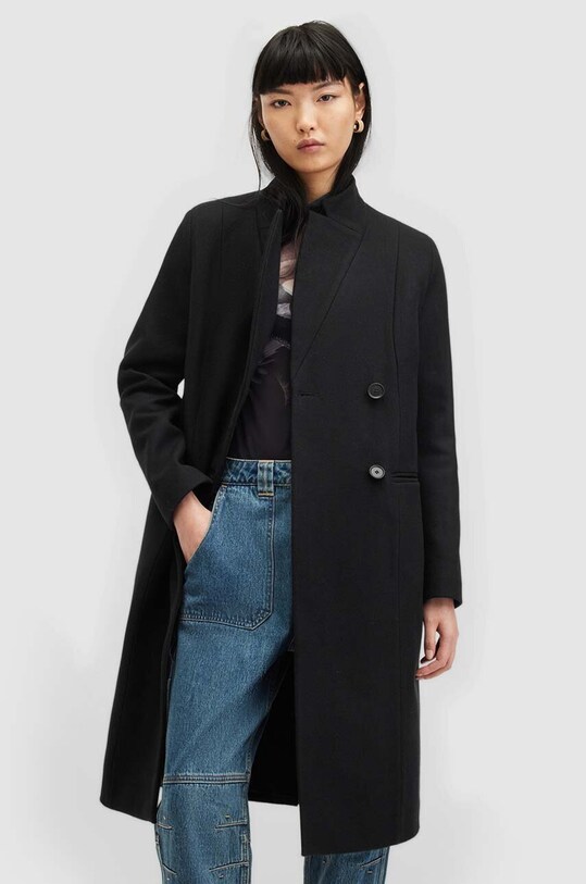AllSaints płaszcz wełniany SIDNEY bez kaptura czarny W008OZ