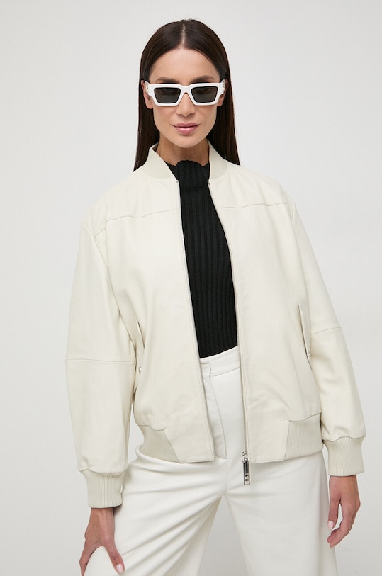 Kožená bunda bomber BOSS bomber béžová 50514452