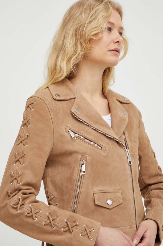 The Kooples o jacheta biker din piele intoarsa cu captuseala bej FCUI28003K