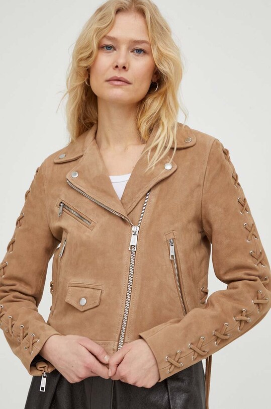 The Kooples o jacheta biker din piele intoarsa bej FCUI28003K