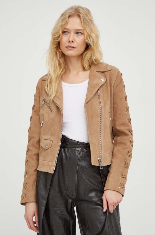 The Kooples o jacheta biker din piele intoarsa FCUI28003K bej
