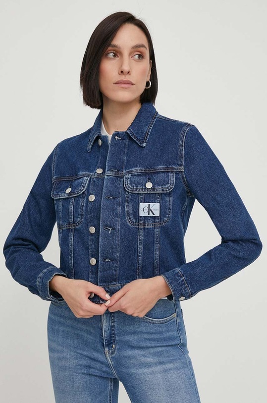 Τζιν μπουφάν Calvin Klein Jeans χωρίς κουκούλα σκούρο μπλε J20J222789