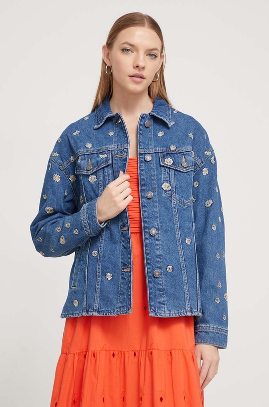 Džínová bunda Desigual FLOWERS bez kapuce modrá 24SWED21