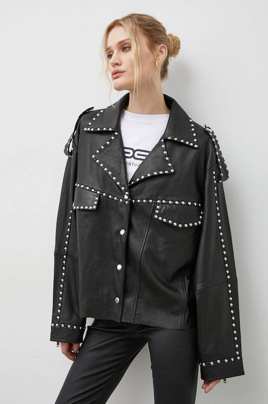 HUGO geacă biker de piele cu captuseala negru 10909035