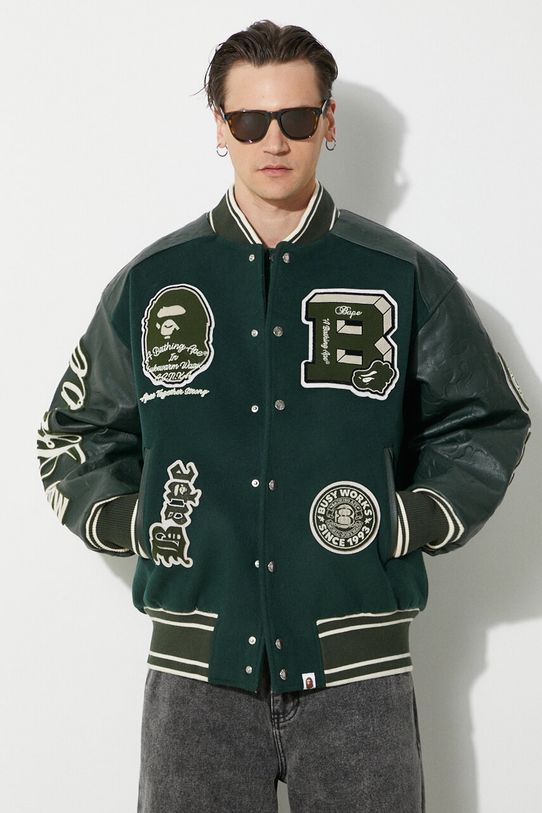 A Bathing Ape wool bomber jacket Bape Patch Coach Jacket with lining green 1J80141058