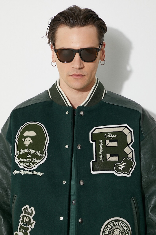 A Bathing Ape wool bomber jacket Bape Patch Coach Jacket 1J80141058 green