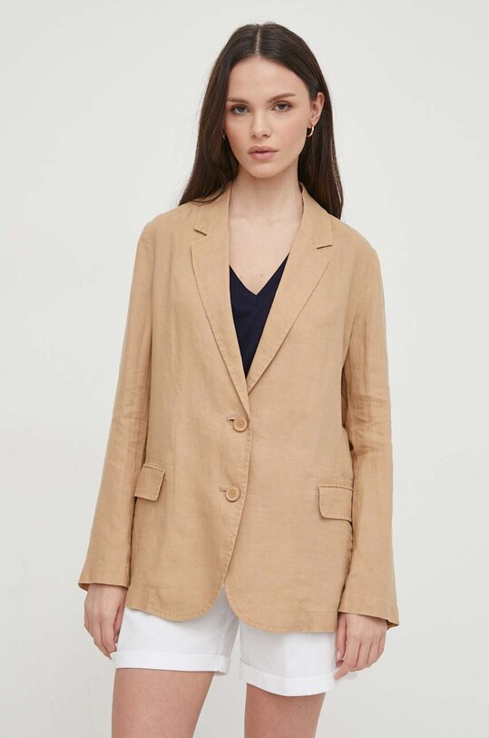 Льняной жакет United Colors of Benetton без подкладки бежевый 2AGHDW00R