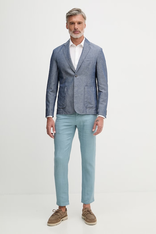 United Colors of Benetton jednoradové sako pánske s prímesou ľanu 2YQSUW014 modrá SS25
