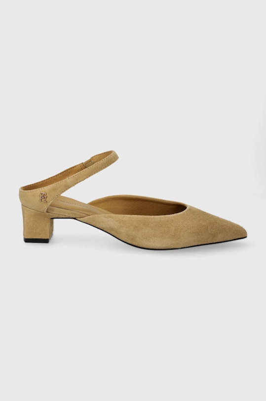 Tommy Hilfiger klapki zamszowe TH POINTY MID HEEL LEATHER MULE słupek beżowy FW0FW07718