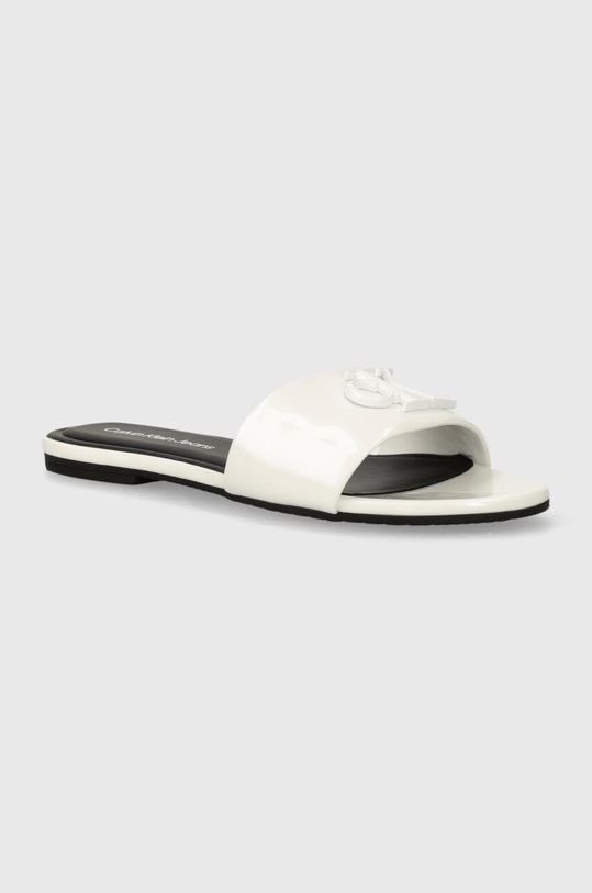 Šľapky Calvin Klein Jeans FLAT SANDAL SLIDE MG MET imitácia lakovanej kože biela YW0YW01348