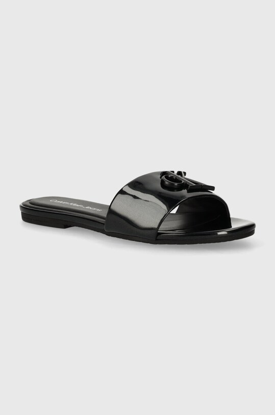 Šľapky Calvin Klein Jeans FLAT SANDAL SLIDE MG MET imitácia lakovanej kože čierna YW0YW01348