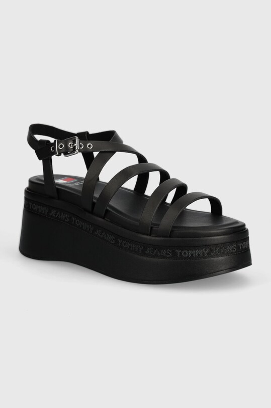 Кожаные сандалии Tommy Jeans TJW STRAPPY WEDGE SANDAL 5-8 см чёрный EN0EN02516