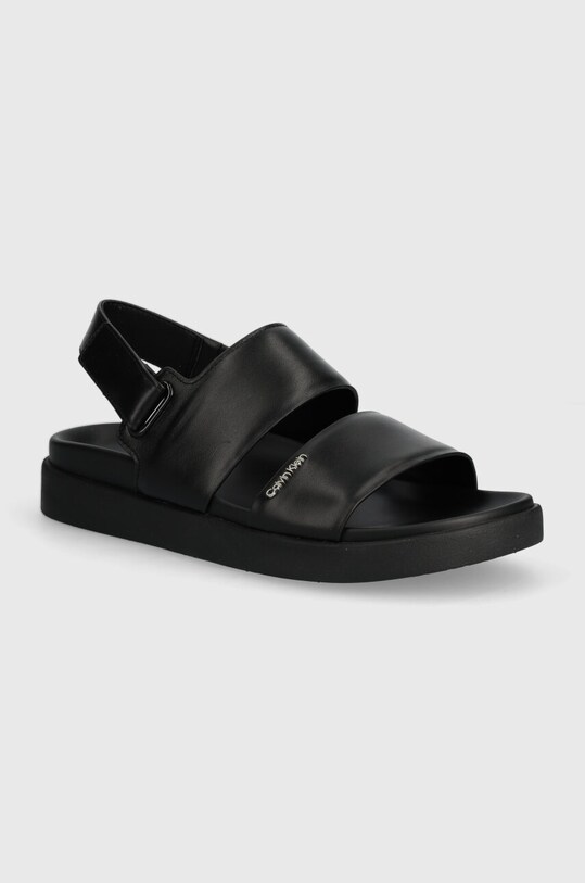Δερμάτινα σανδάλια Calvin Klein FLAT SANDAL CALVIN MTL LTH φλατ μαύρο HW0HW01984