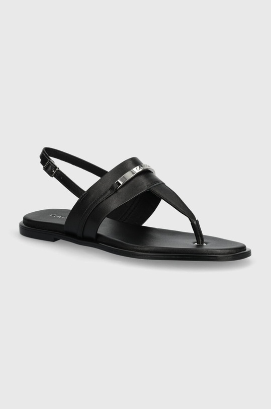 Calvin Klein sandały skórzane FLAT TP SANDAL METAL BAR LTH płaski czarny HW0HW02031