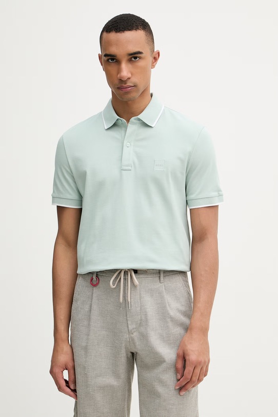 BOSS Orange polo męskie bawełniane z elastanem Passertip turkusowy 50507699