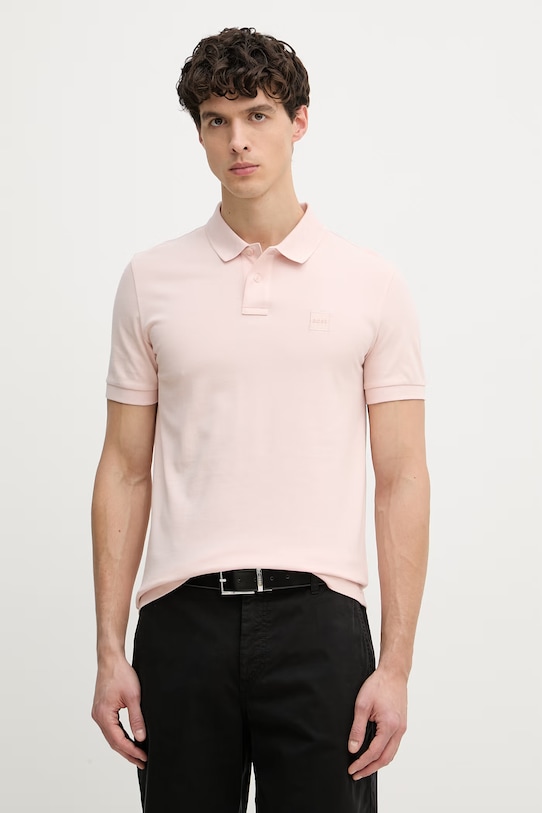 BOSS Orange polo tričko pánske bavlnené s elastanom Passenger ružová 50507803