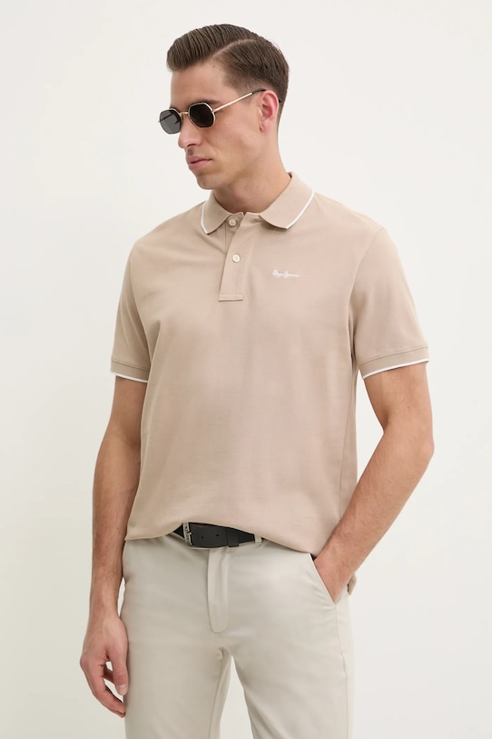 Bombažen polo Pepe Jeans Hans Brez vzorca bež PM542101