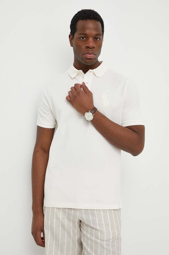 Βαμβακερό μπλουζάκι πόλο Polo Ralph Lauren απλικέ μπεζ 710936508