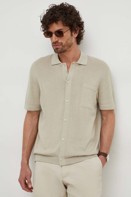 Košile s příměsí lnu Boss Orange hladký béžová 50513139