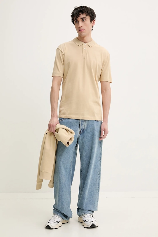 Βαμβακερό μπλουζάκι πόλο HUGO 50493206 μπεζ SS25