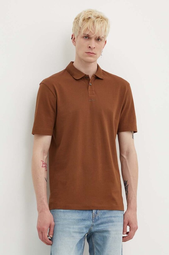 Βαμβακερό μπλουζάκι πόλο HUGO κανονικό καφέ 50493206