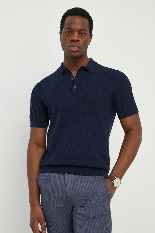 United Colors of Benetton polo z domieszką lnu regular granatowy 105GU300Z