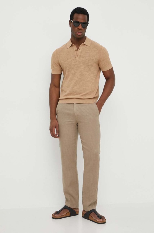 United Colors of Benetton polo z domieszką lnu 105GU300Z brązowy SS24