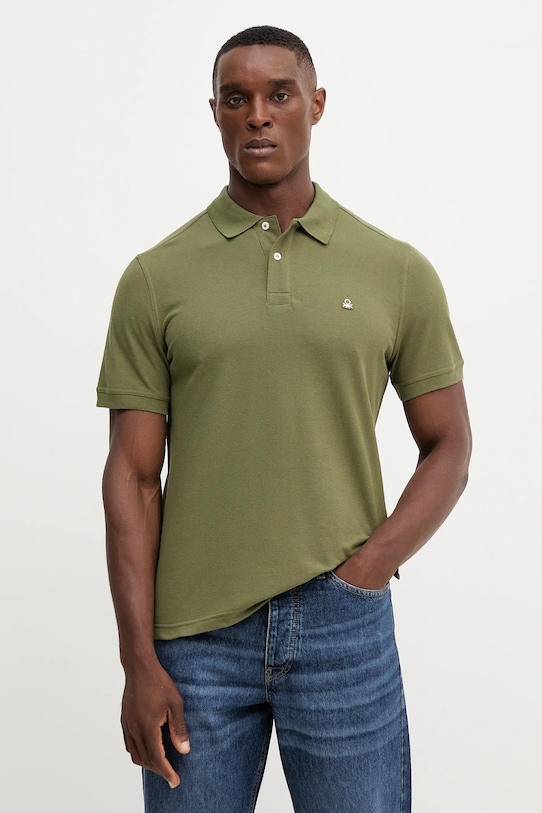 Bavlněné polo tričko United Colors of Benetton hladký zelená 3089J3179