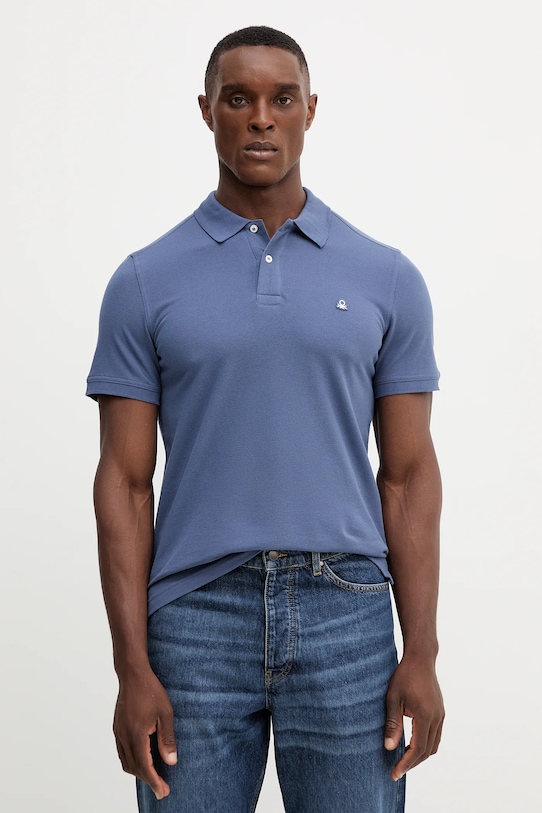 Памучна тениска с яка United Colors of Benetton стандартна син 3089J3179