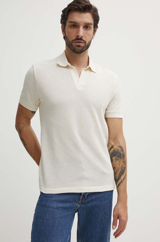 Тениска с яка United Colors of Benetton свободна бежов 3GIRU301P