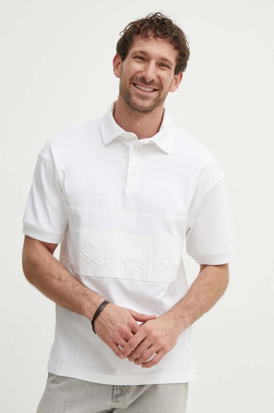 Βαμβακερό μπλουζάκι πόλο United Colors of Benetton απλικέ λευκό 3MCYU301U