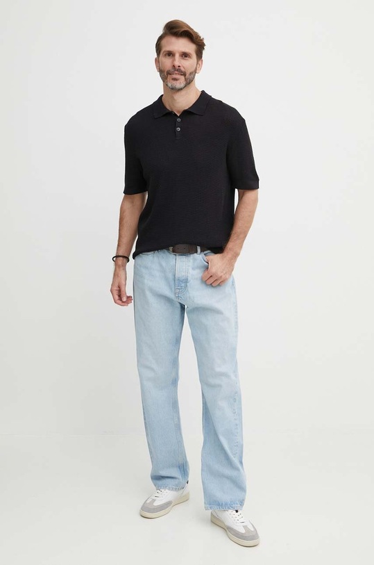 Sisley polo z domieszką lnu 104NS300G czarny SS24