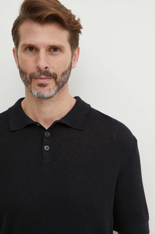 Sisley polo z domieszką lnu czarny 104NS300G