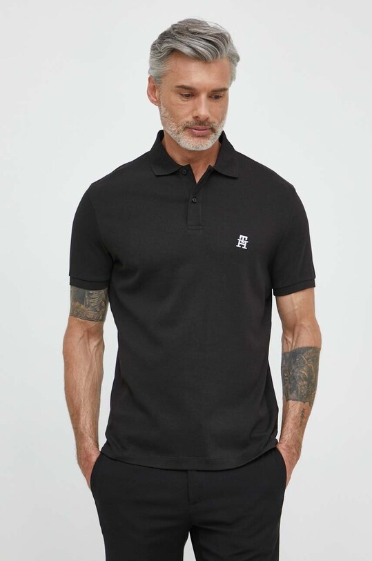 Βαμβακερό μπλουζάκι πόλο Tommy Hilfiger κανονικό μαύρο MW0MW34783