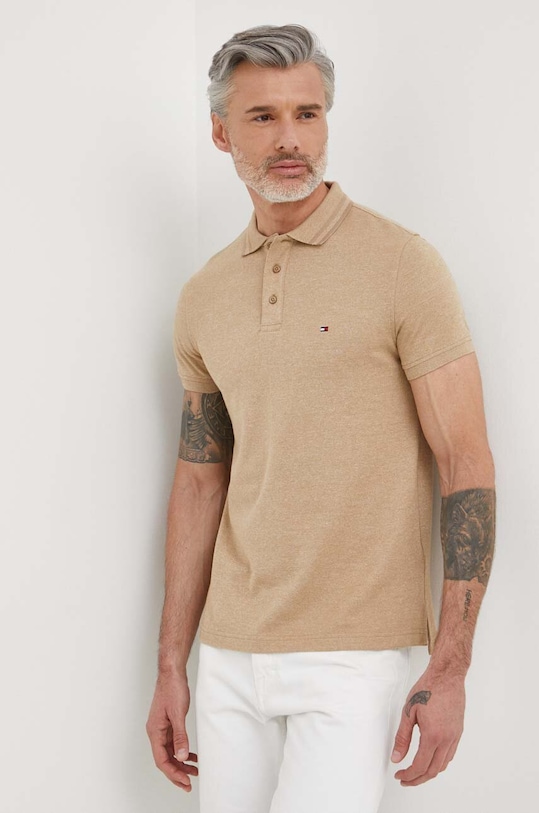 Βαμβακερό μπλουζάκι πόλο Tommy Hilfiger κανονικό μπεζ MW0MW34755