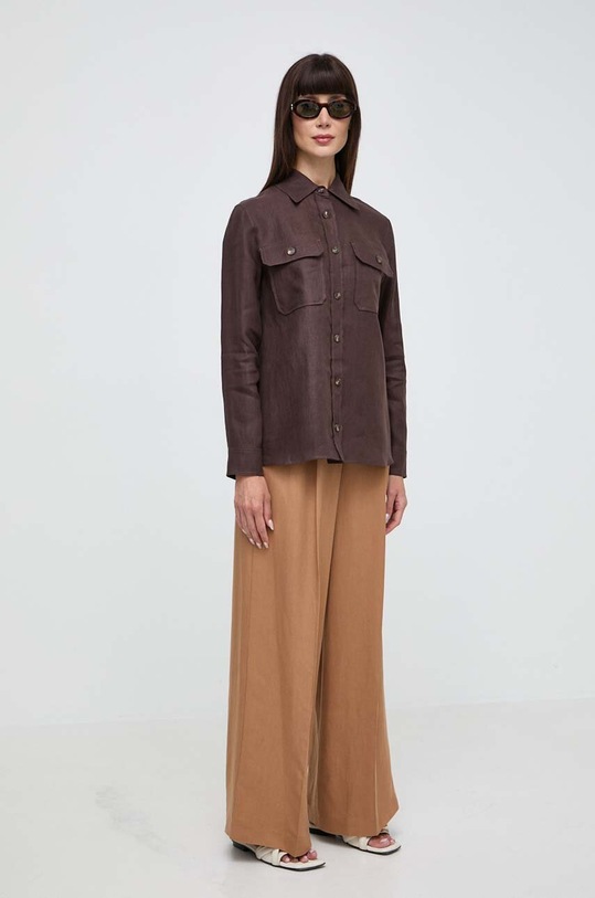 Παντελόνι με λινό Weekend Max Mara 2415131062600 καφέ SS24