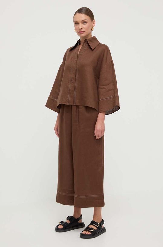 Max Mara Leisure spodnie lniane 2416131048600 brązowy SS24