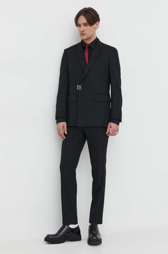 HUGO spodnie z domieszką wełny 50514141 czarny SS24