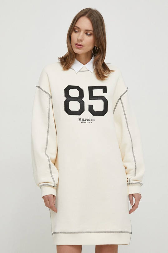 Bavlněné šaty Tommy Hilfiger mini béžová WW0WW40614