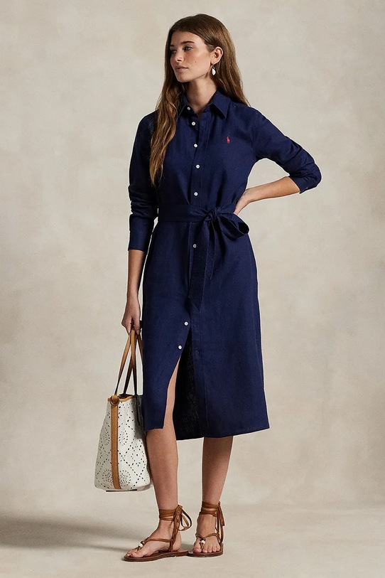 Polo Ralph Lauren rochie din in midi bleumarin 211943992