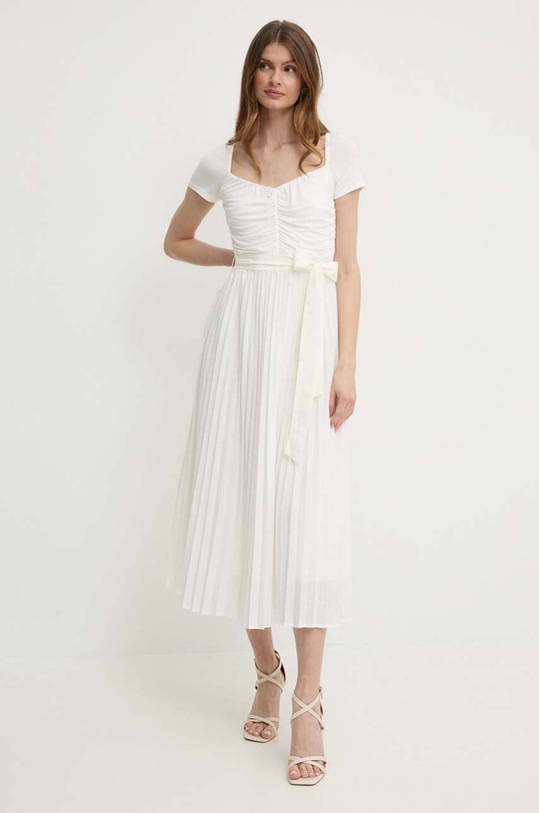 Φόρεμα από λινό μείγμα Guess VERONICA μυτερό άκρο μπεζ W4RK93.WG530