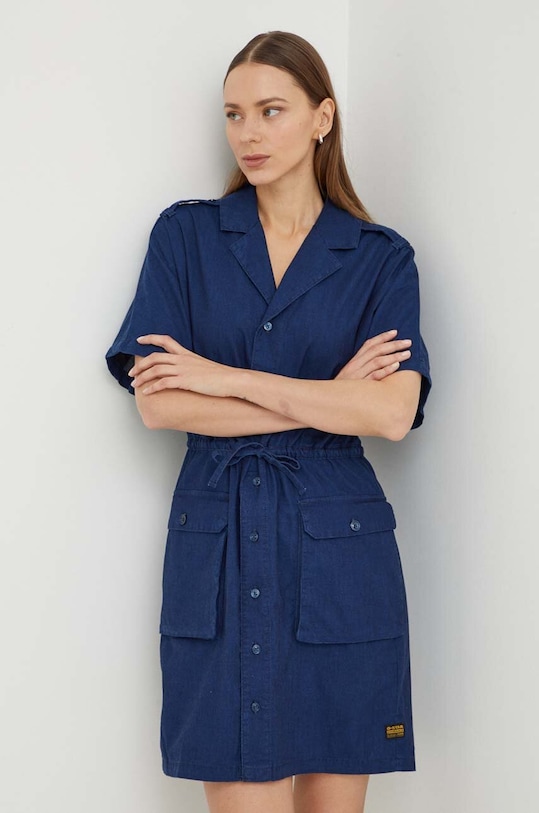 G-Star rochie din bumbac cu guler bleumarin D24348.D309
