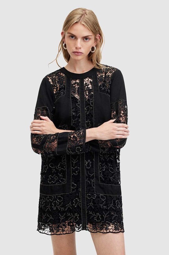 Šaty s prímesou ľanu AllSaints NOUSH EMB DRESS s prímesou ľanu čierna WD591Z