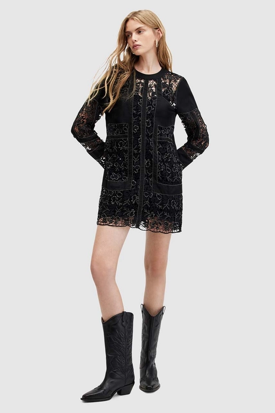 Šaty s příměsí lnu AllSaints NOUSH EMB DRESS WD591Z černá