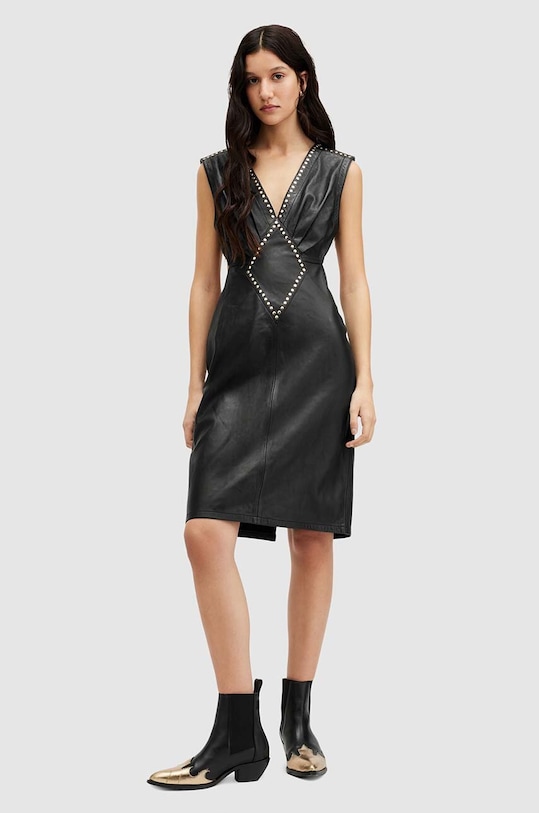 Кожена рокля AllSaints SYLA LEA STUD DRESS шпиц черен WL536Z