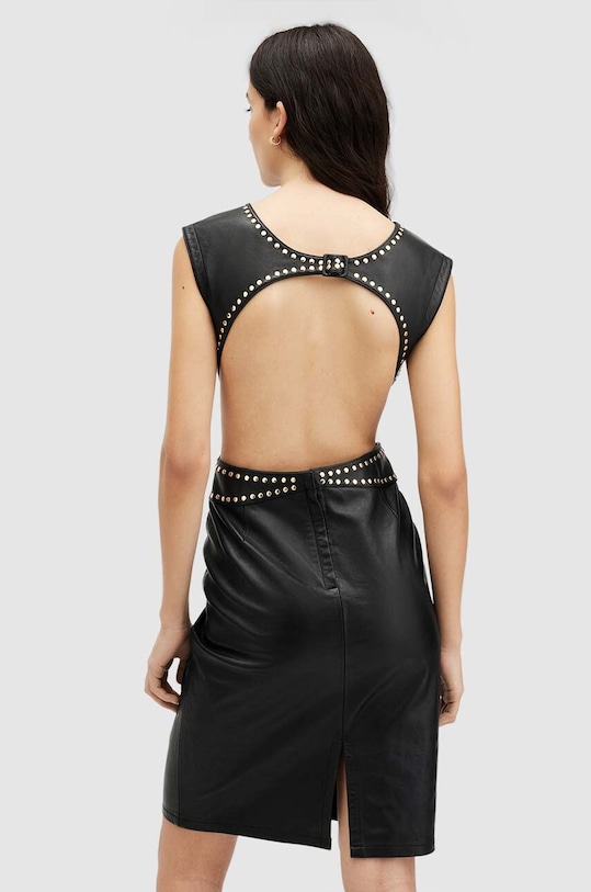 Кожена рокля AllSaints SYLA LEA STUD DRESS WL536Z черен