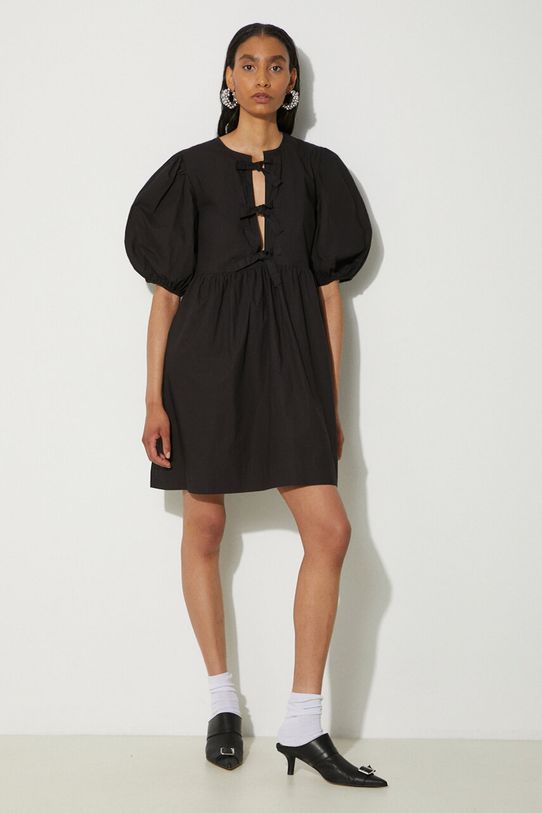 Памучна рокля GANNI Cotton Poplin Tie String Mini Dress памук черен F9005