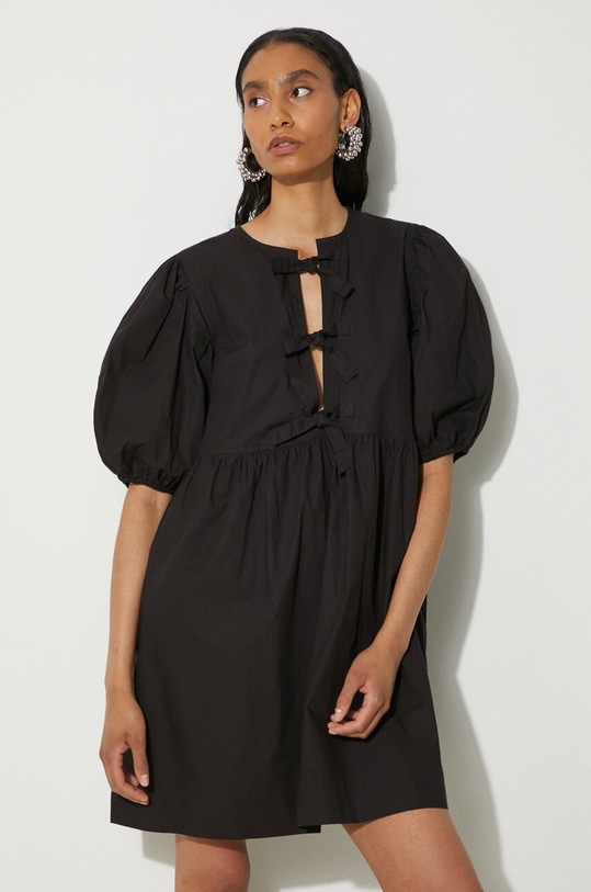 Дрехи Памучна рокля GANNI Cotton Poplin Tie String Mini Dress F9005 черен